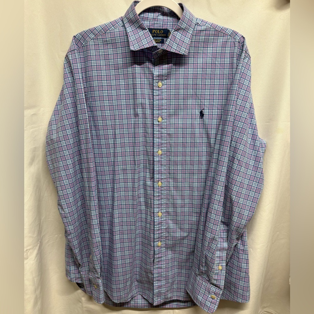 Polo by Ralph Lauren Men's Blue and Pink  Plaid Shirt